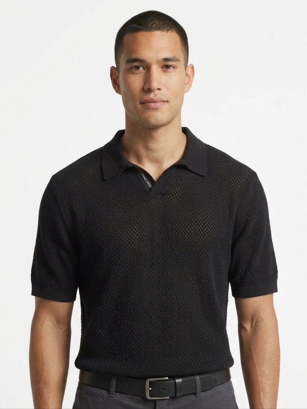 Reigning Champ Victor Johnny Collar Cotton & Linen Mesh Stitch Polo Sweater